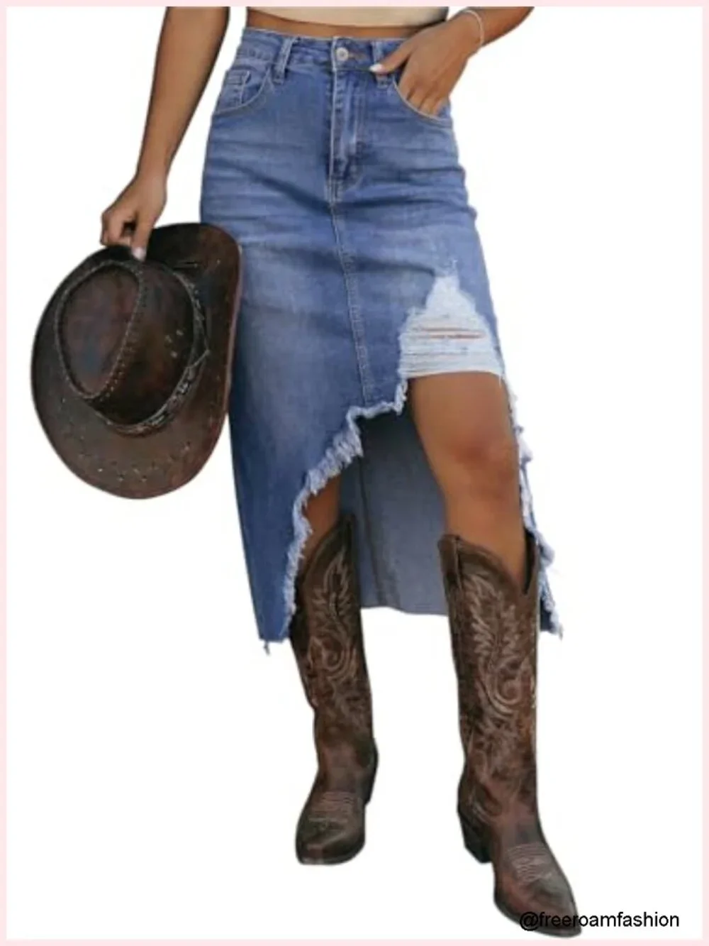High Waisted Denim Skirt Distressed Button Front Midi Jean Skirt